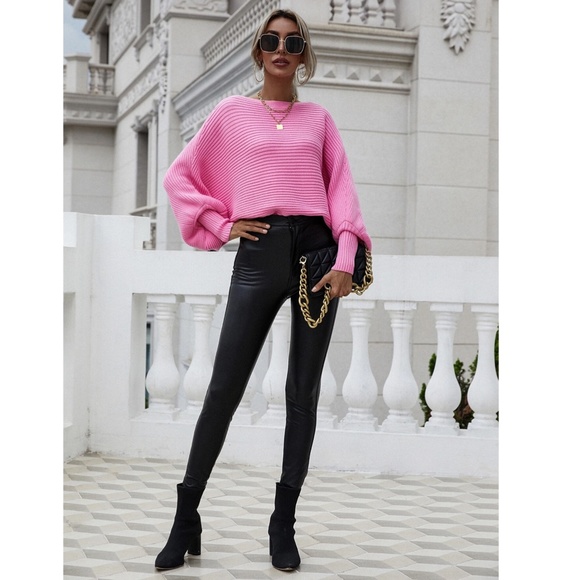 Pink Boat Neck Batwing Oversized Sleeves Knit Sweater - Picture 5 of 9